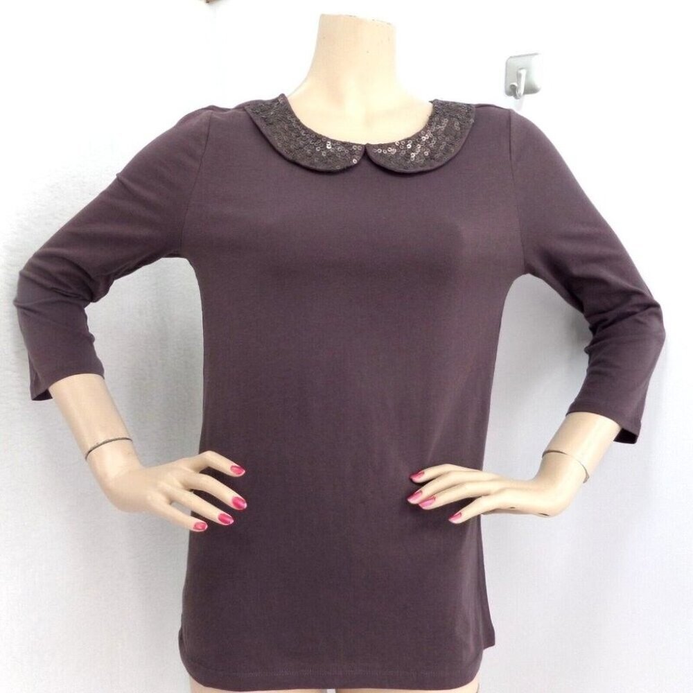 "LOFT" BROWN SEQUIN PETER PAN COLLAR 3/4 SLEEVES COTTON BLOUSE TOP SIZE: M NWT